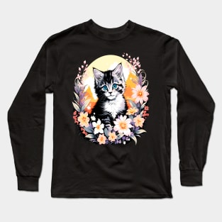 Black and Grey Kitten Surrounded by Spring Flowers Long Sleeve T-Shirt